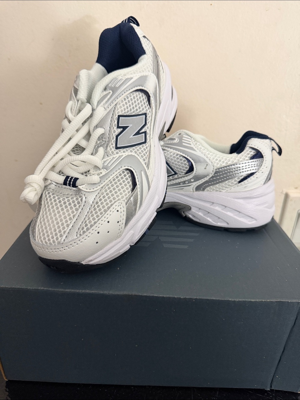New Balance Kids White & Navy Athletic Mesh Sneakers